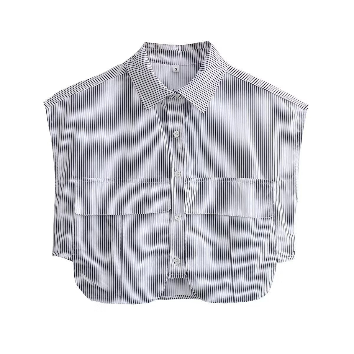 Large Pocket Stitching Irregular Cardigan Polo Collar Shirt Top