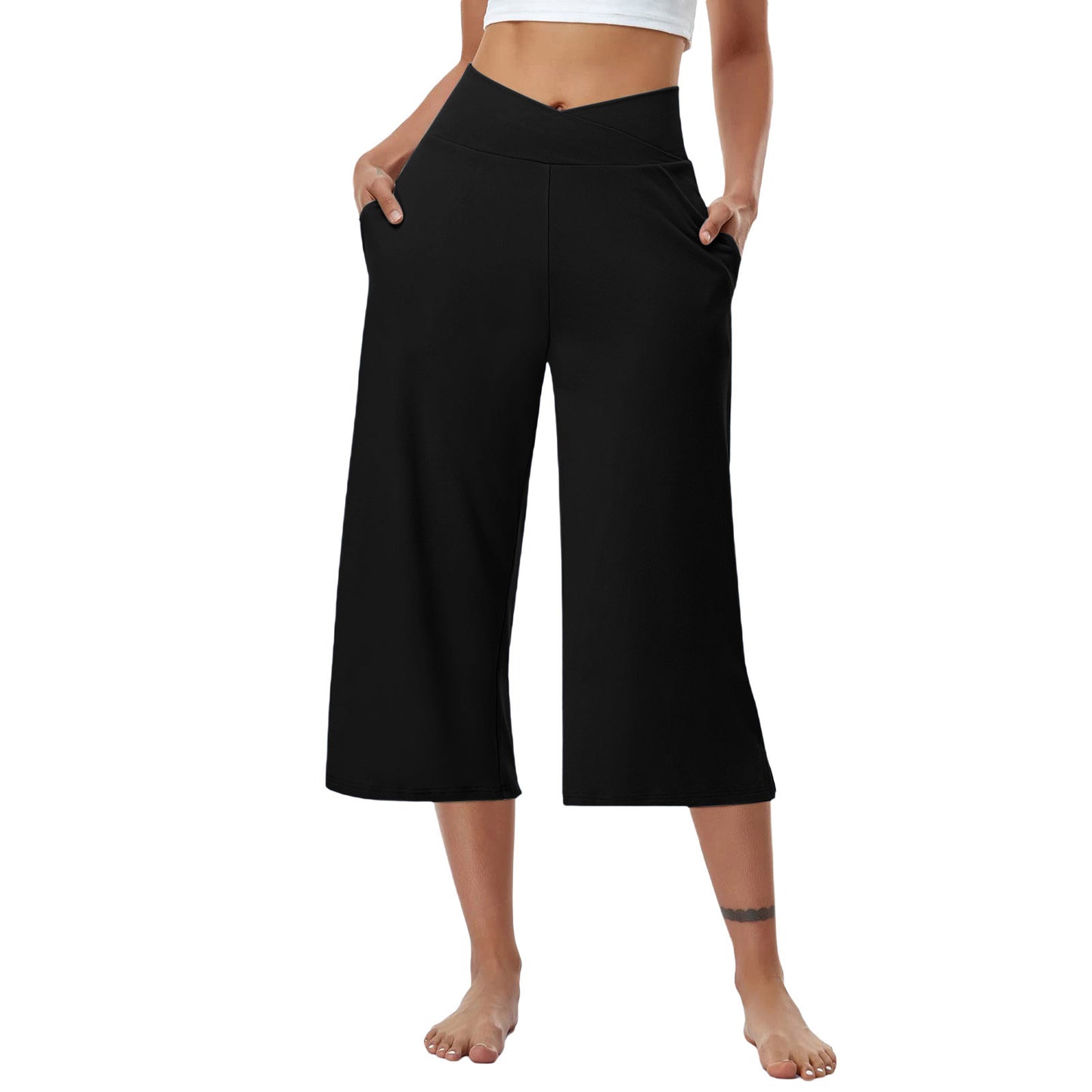High-Waist Butt-Lifting V-Shaped Waist Wide-Leg Fitness Running Cropped Pants
