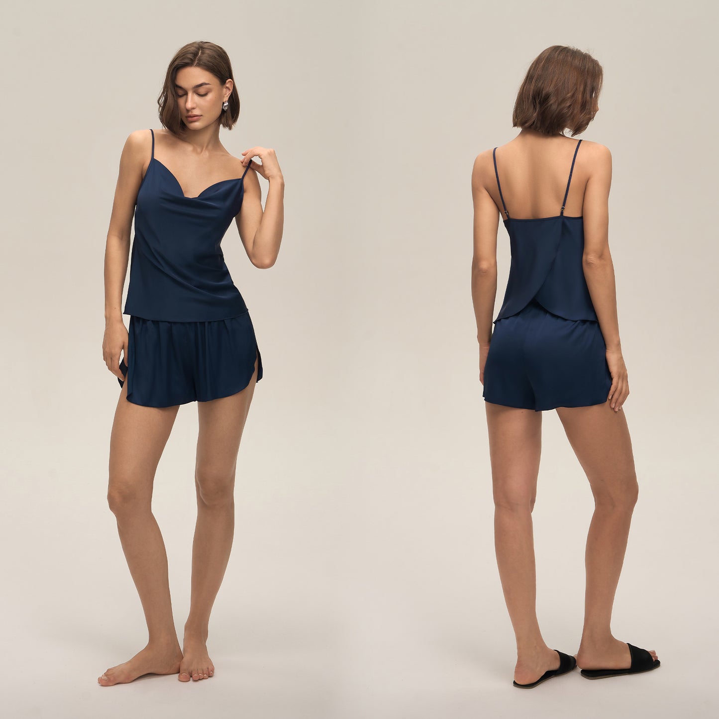 Womens Sexy Solid-Color Scoop-Neck Camisole And Shorts Set