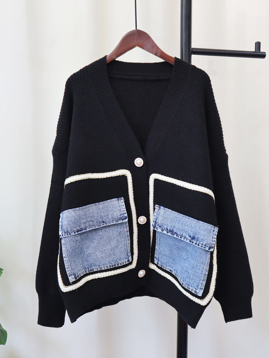 Denim Pocket Knitted Cardigan Loose Design Temperament Versatile Sweater Coat