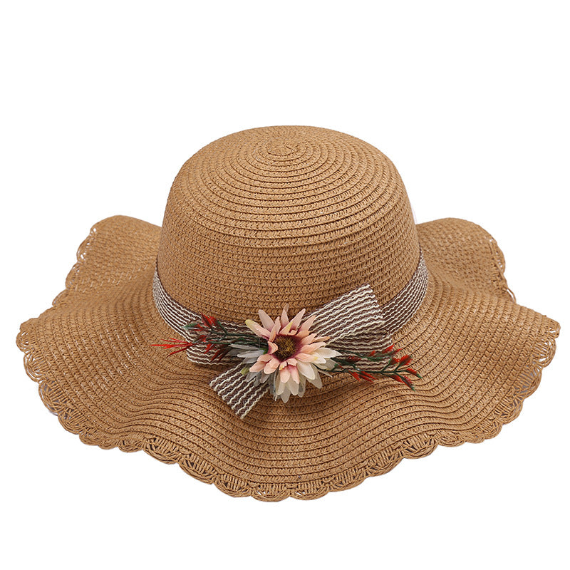 Ladies Flower Wavy Brim Outdoor Sun Protection Straw Hat