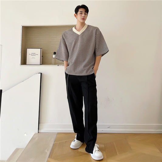 Half-sleeve Loose Plaid Body Shirt Five-sleeve Top