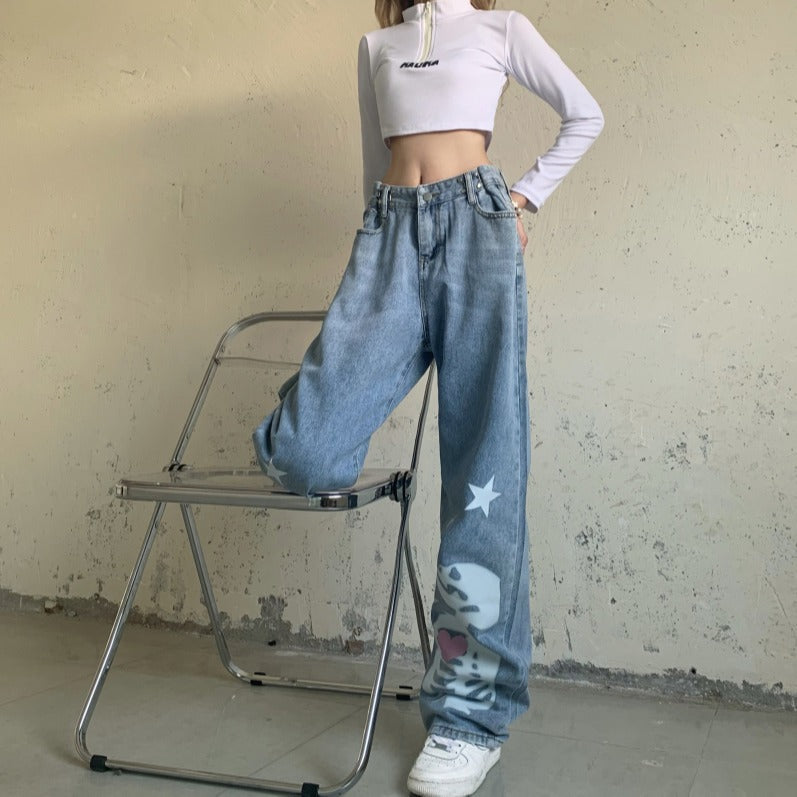 Skull Pentagram Creative High Waist Adjustable Button Loose Straight Mop Jeans