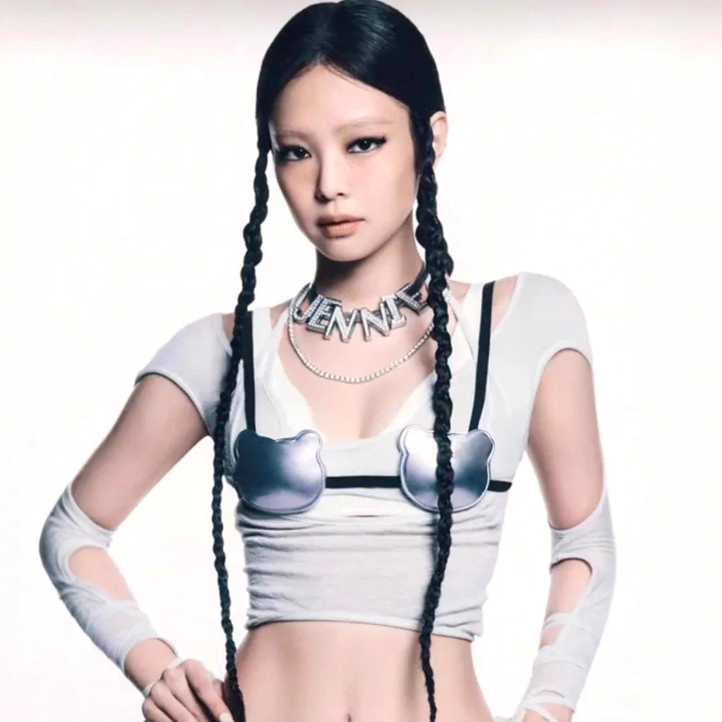 Hollow-out Form-fitting Faux Two-piece Top With Long Sleeves