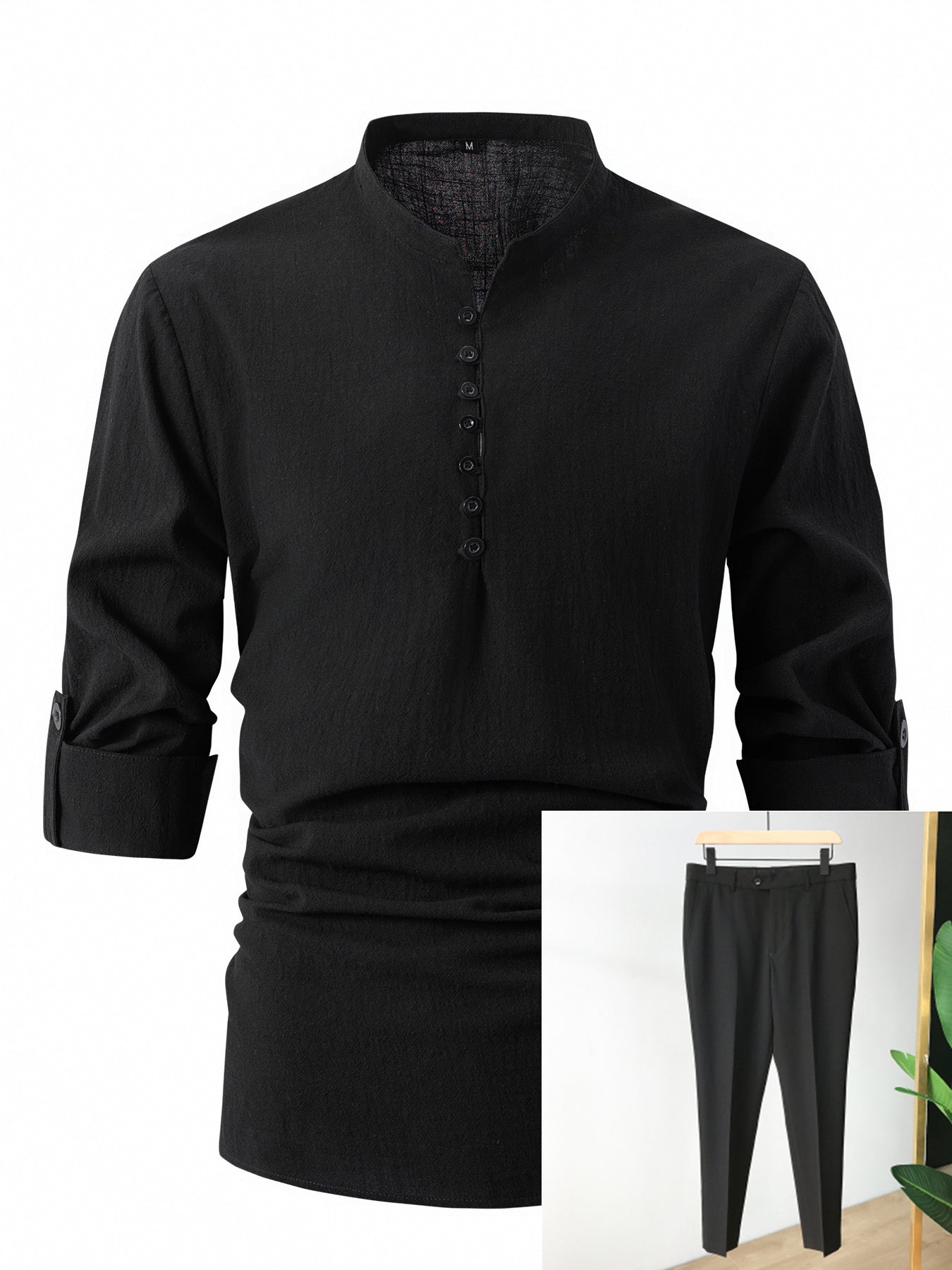 Fashion Retro Men's Spring And Autumn Cotton And Linen Stand Collar Business Slim Casual Shirt