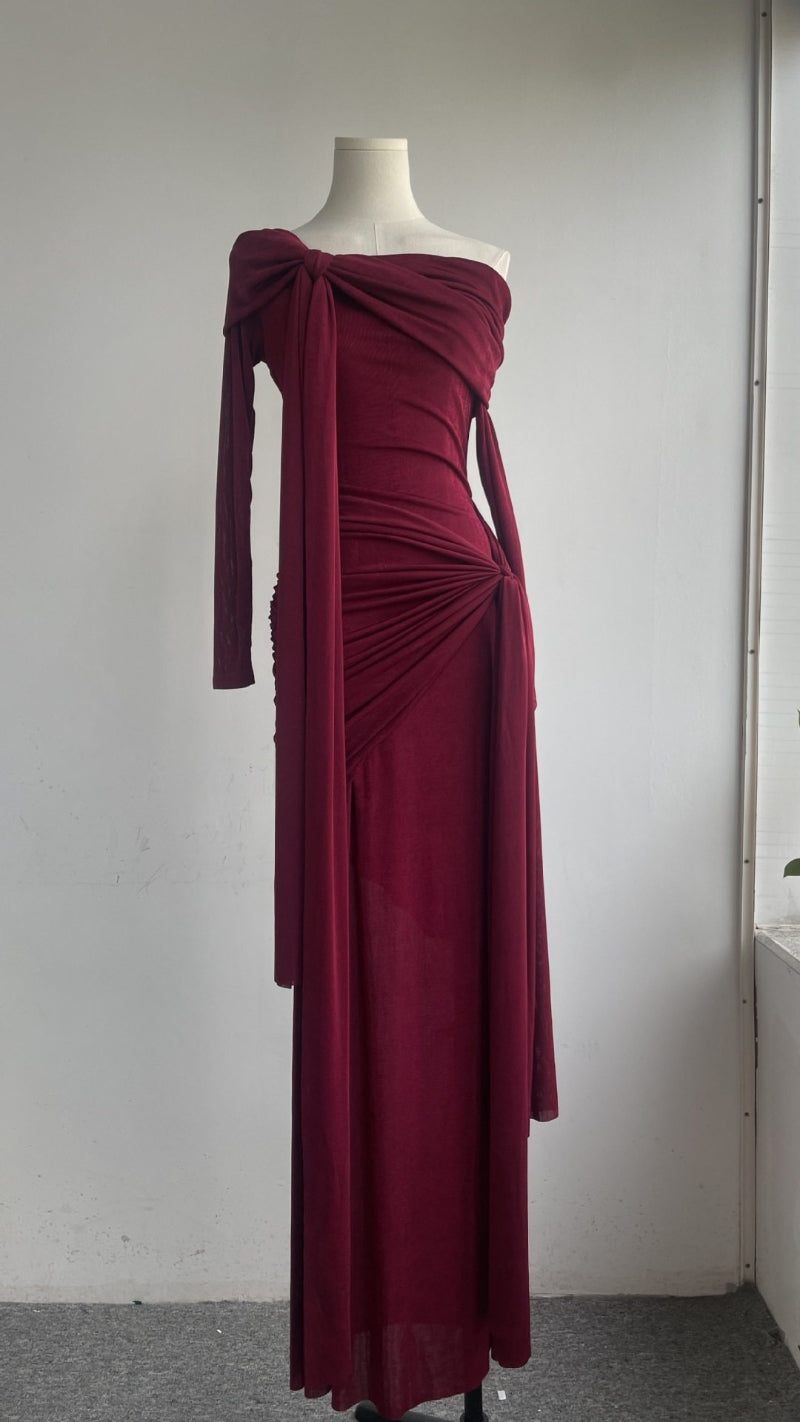 Rare Flowy Yellow Spliced Off-shoulder Dress With Irregular Pleats And Draped Shoulder Detailing