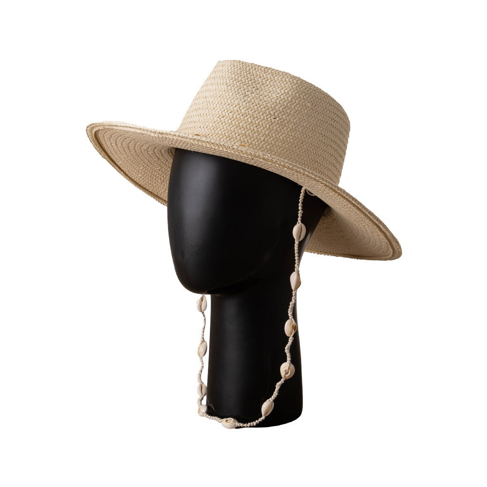 Retro Shell Tied Wide-brimmed Papyrus Jazz Hat Ladies Outdoor Sun Protection