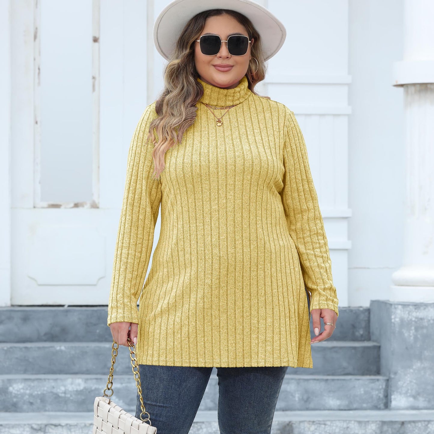 Women's Plus Size Turtleneck Slim Fit Striped Slit Mid-length Top