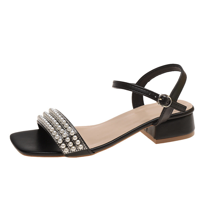 Women's Mid Heel Square Toe Ankle Strap Outerwear Sandals