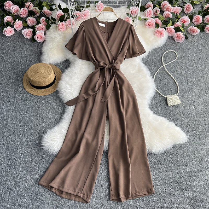 Retro Fashionable Temperament V-neck Short-sleeved Waist Jumpsuit