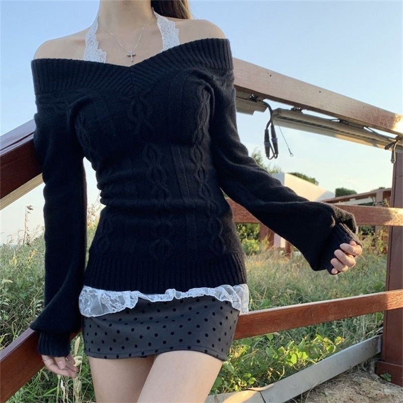 French-style Subtly Seductive Off-shoulder Long-sleeve Sweater As An Outer Layer