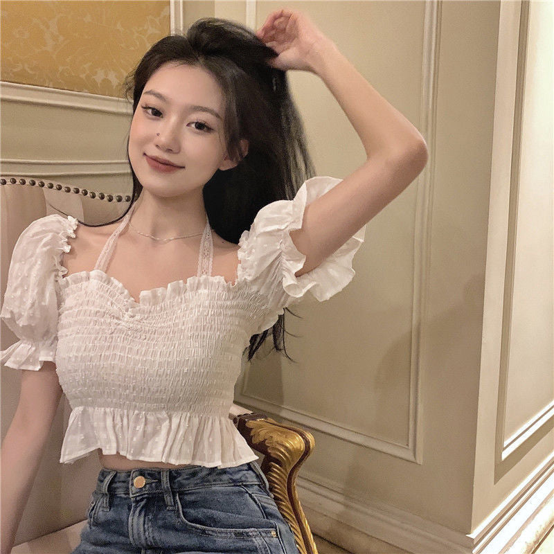 Short Puff Sleeve Top White Shirt Women's