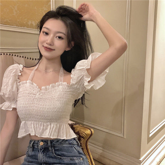Short Puff Sleeve Top White Shirt Women's