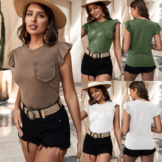 European And American Women's Clothing Solid Color Stitching Fungus Edge Pocket Sleeveless T-shirt