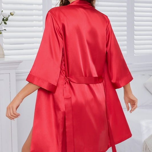 Womens Simulation Silk Home Slip Nightgown Robe Two-Piece Set