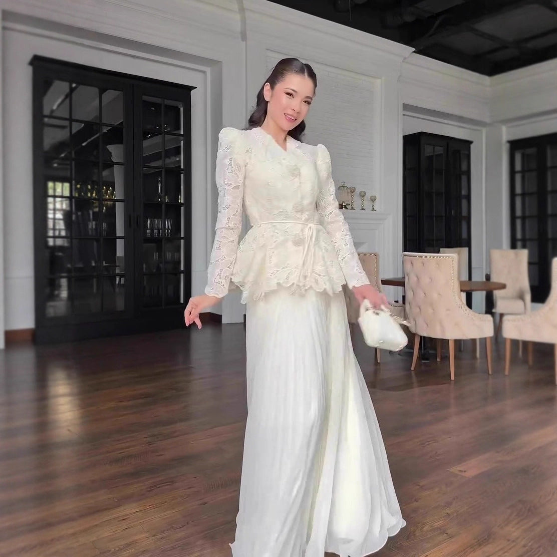 Elegant, Sophisticated Long-sleeve Dress And Skirt Set