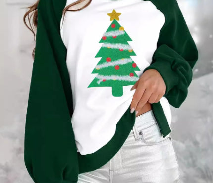 Løs og fashionable rundhalset raglan-sweater til kvinder med europæisk og amerikansk juletryk