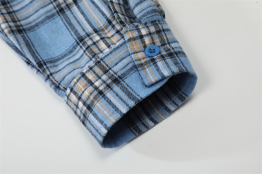 American Fashion Brand Badge Plaid Long Sleeve Shirt Outer Wear