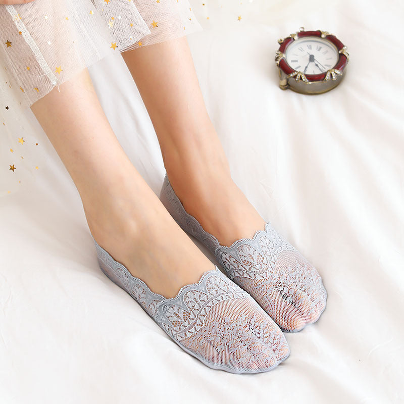 Women's Non-Slip Silicone Cotton Bottom Lace Boat Socks