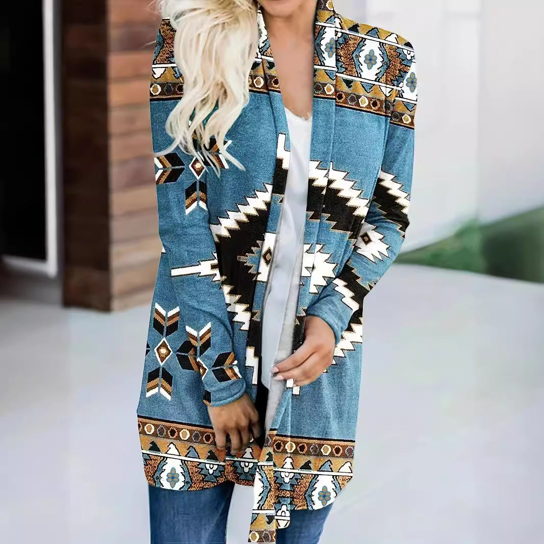Women's Jacket Loose Printed Ethnic Style Knitted Cardigan
