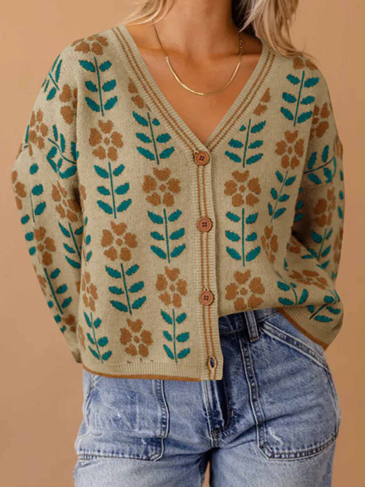 European And American Ladies Single-breasted Long Sleeve Flower Sweater