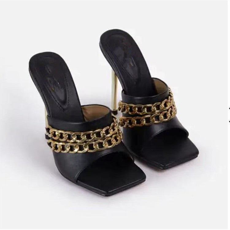 New European And American Stiletto Double Metal Chain Wish Large Size Sandals And Slippers