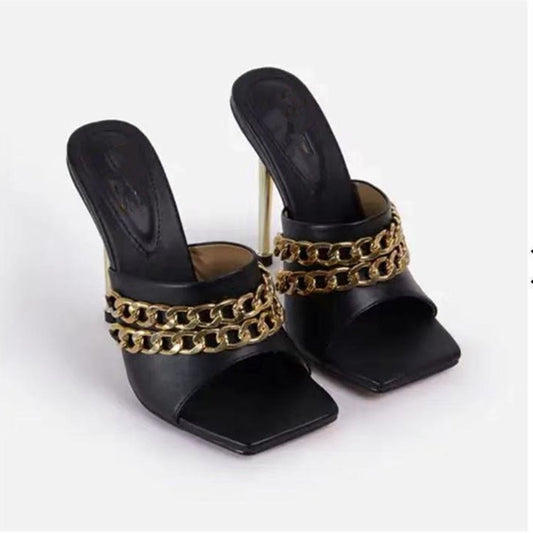 New European And American Stiletto Double Metal Chain Wish Large Size Sandals And Slippers
