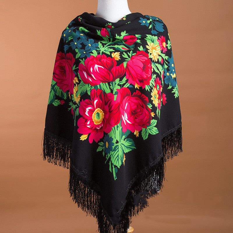 Large Square Scarf Shawl With Ethnic Print Tassels To Keep Warm