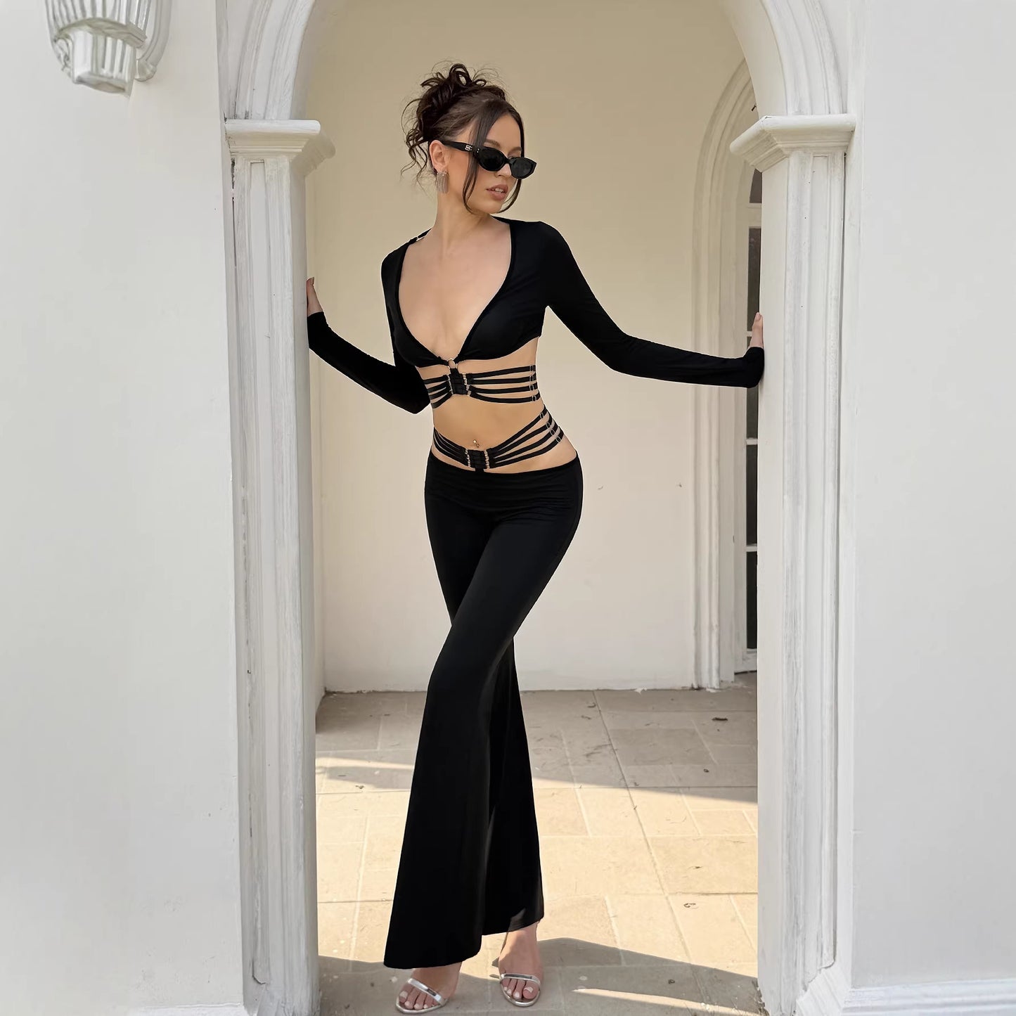 Fashionable V-neck Long-sleeve Top And Slim-fit Wide-leg Pants Set With Tie Details