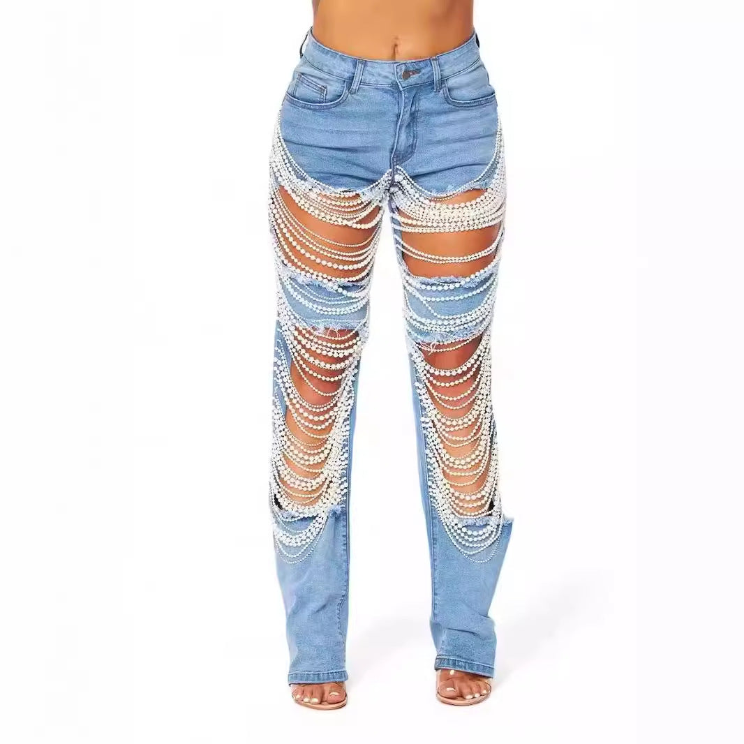 Kvinders kreative afslappede perlekædejeans