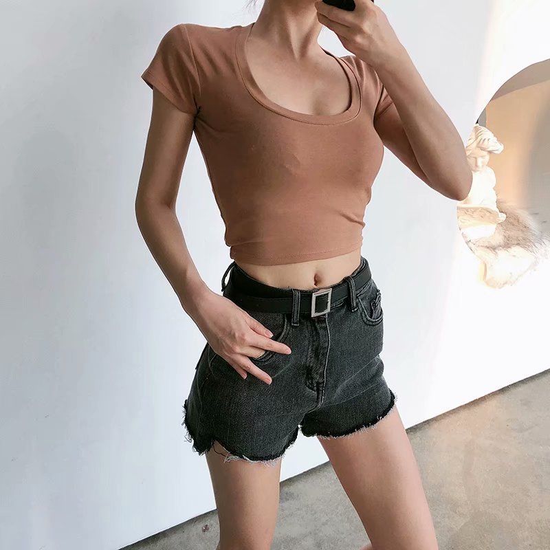 Women's Low-cut U-neck Slim Fit Short Sleeved T-shirt