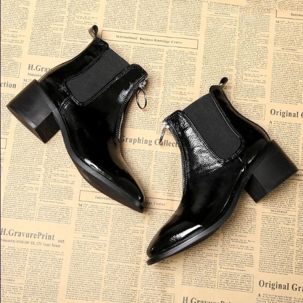 Women's Mid-heel Round-toe Zipper Patent Leather Thick-heel Martin Boots