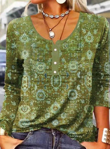 Women's Long-Sleeve Printed V-Neck Loose T-Shirt