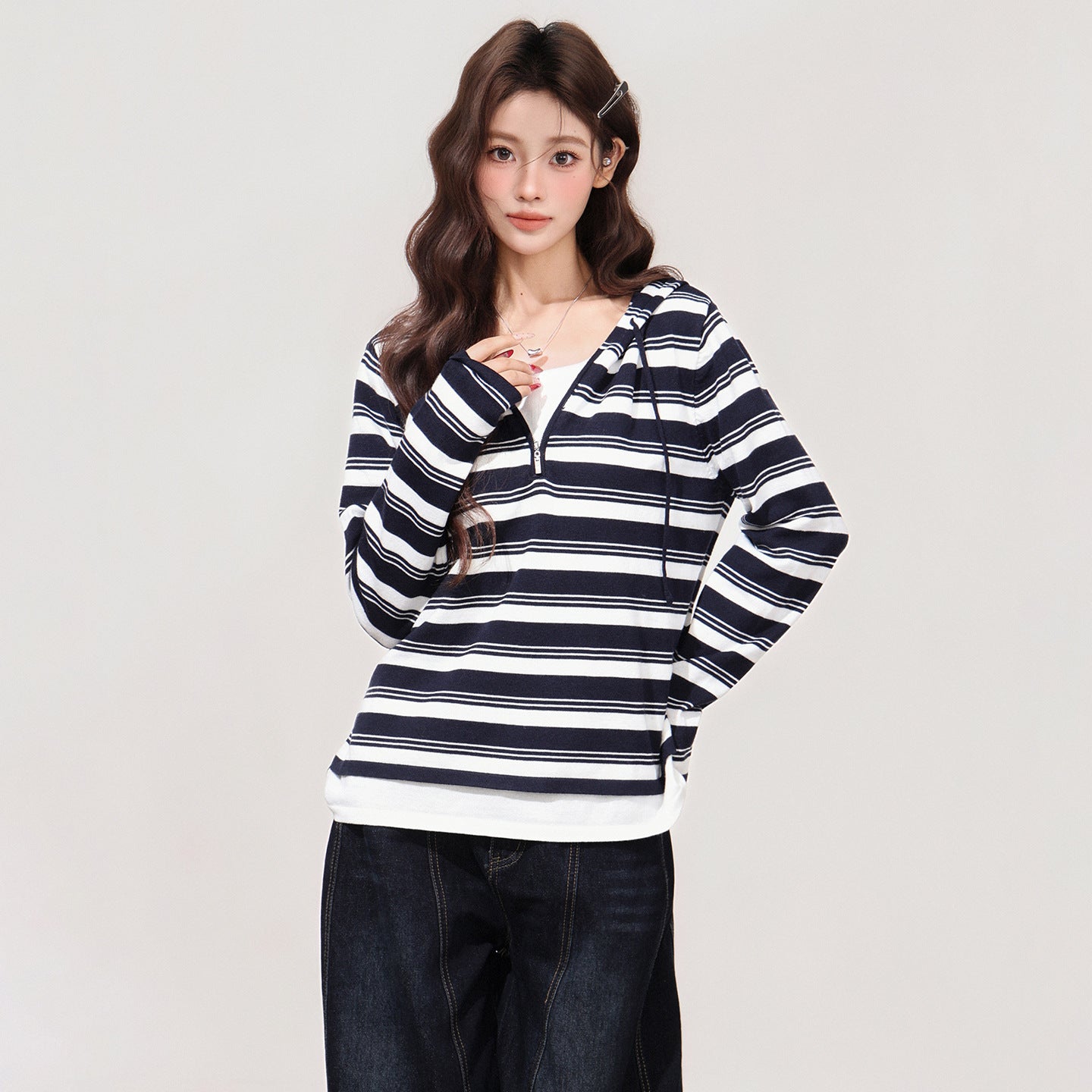 Color-blocked Fake Two-piece Hooded Long-sleeve Women's Undershirt