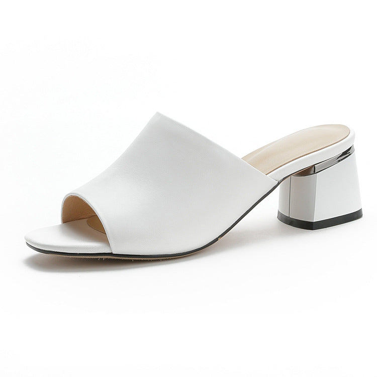 All Leather Fashion Square Toe Mid-high Heel Slippers