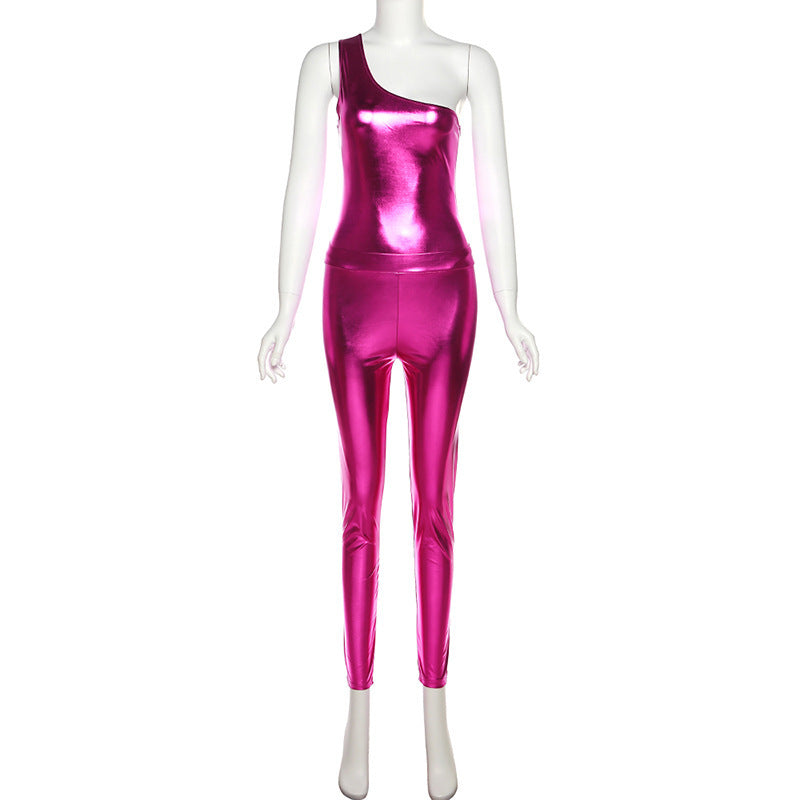 Summer Womens Sexy Glossy One-shoulder Outfit