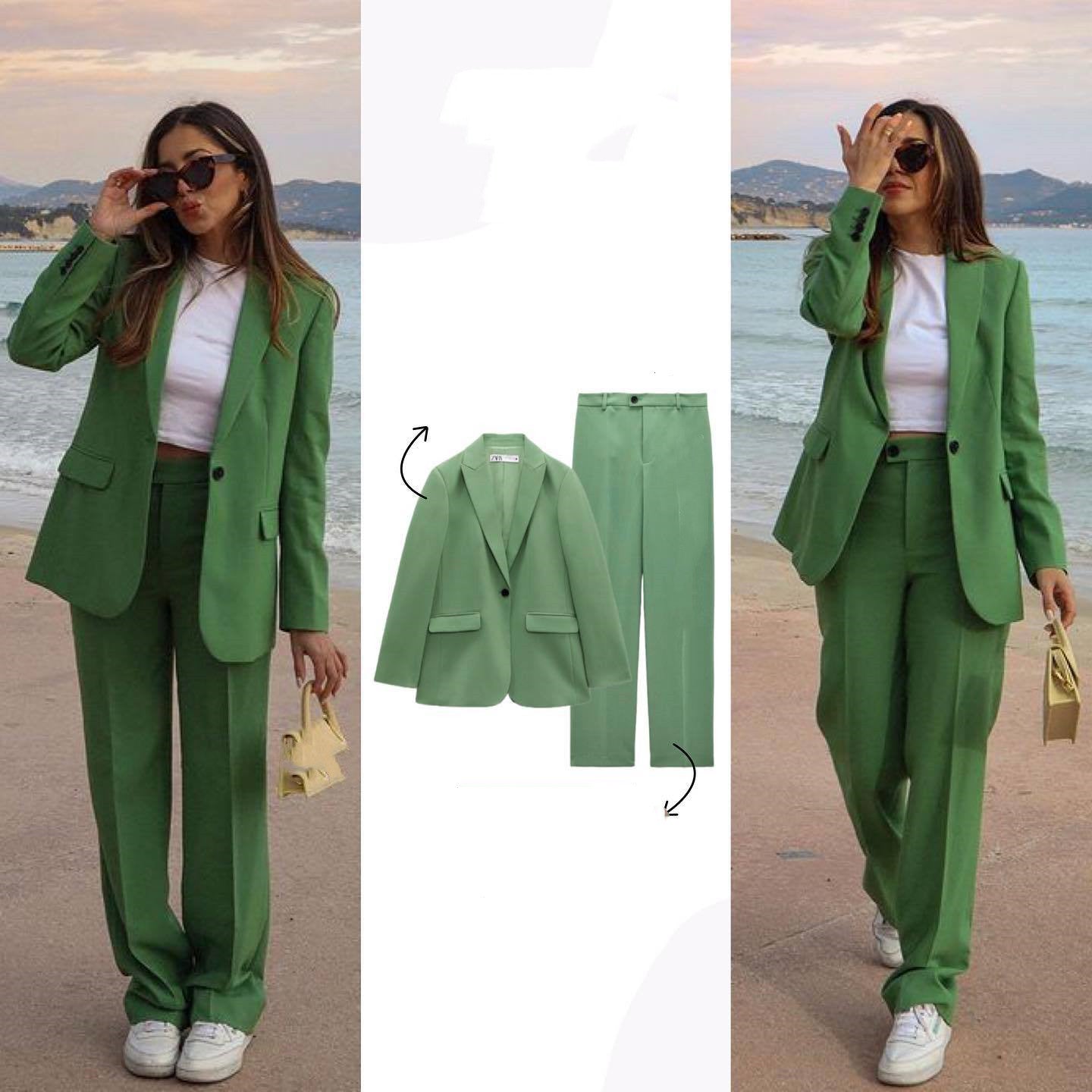 Women's Fashionable Simple Suit Jacket High Waist Baggy Straight Trousers Suit