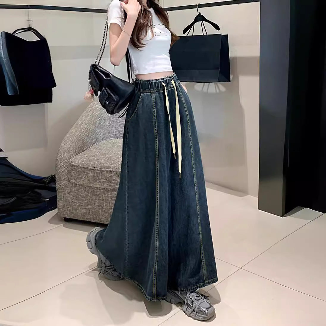 Elastic Waist Drawstring Dark Blue Denim Skirt For Women