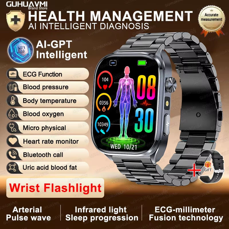 2025 New ECG+PPG AI Healthy Diagnose Smart Watch Men Blood Lipid Uric Acid BT Call Flashlight Blood Pressure Health Smartwatch