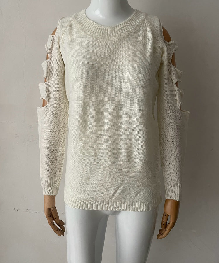 Women's European And American Round Neck Long Sleeve Off-shoulder Solid Color Sweater Bottoming Shirt