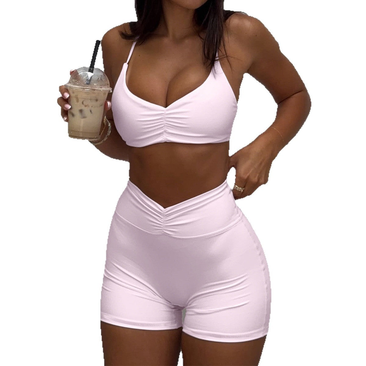 Sporty Yoga-Style Halter Top And Shorts Two-Piece Set For Women