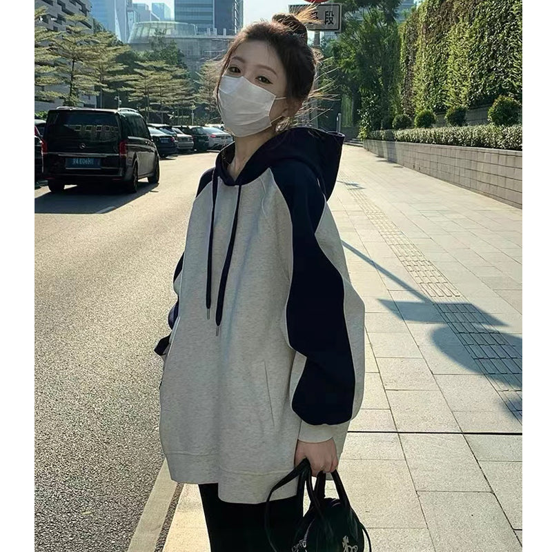 Retro Hooded Contrast Color Sweatshirt Women's Baggy Coat