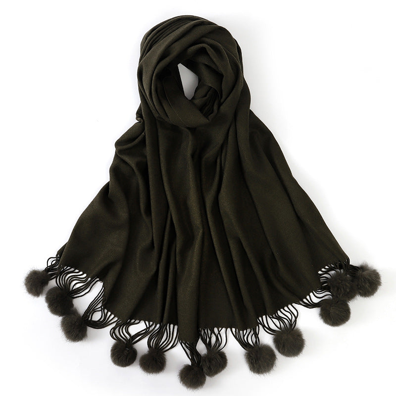 Pure color rabbit fur ball cashmere scarf
