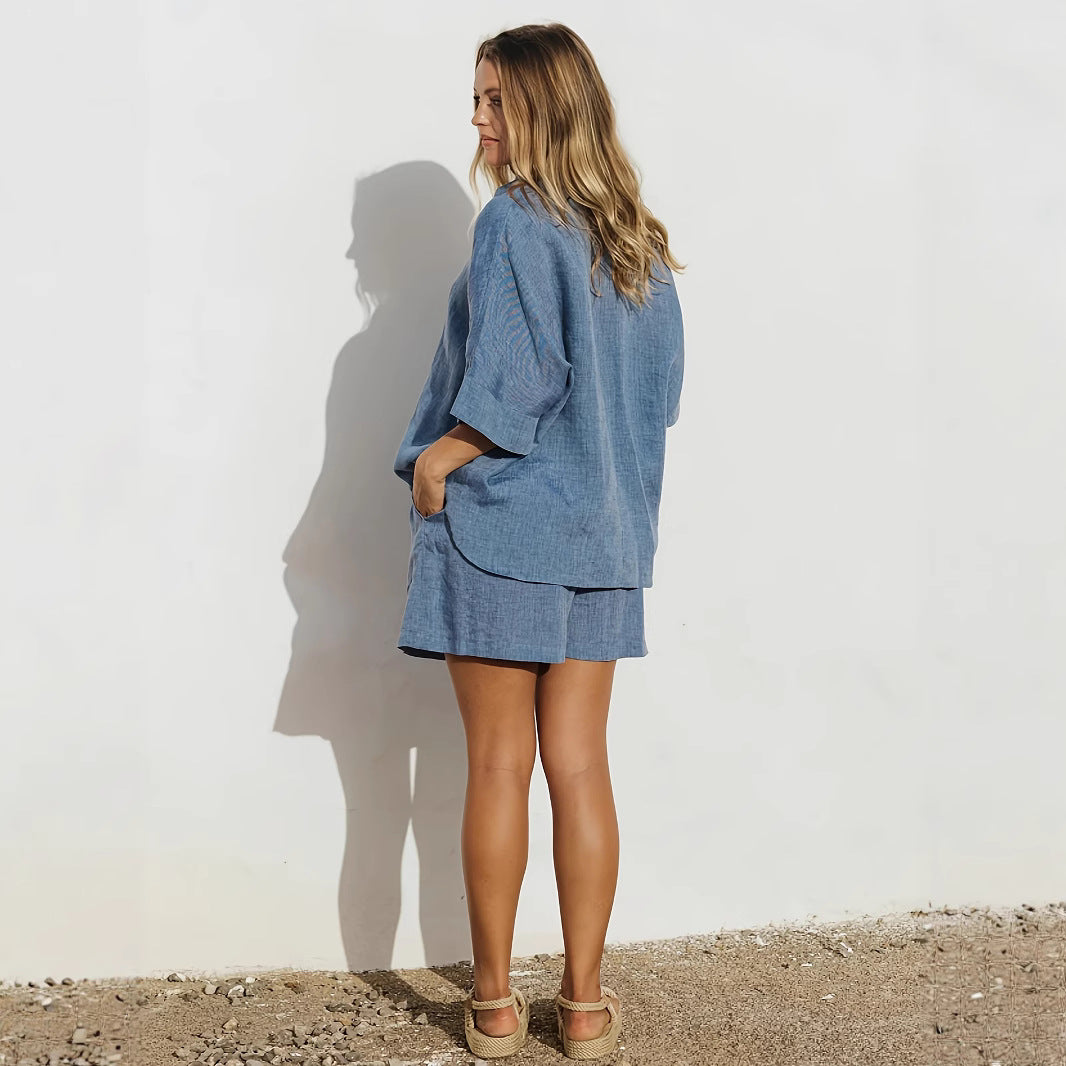 New Solid-color Shirt And Shorts Two-piece Set