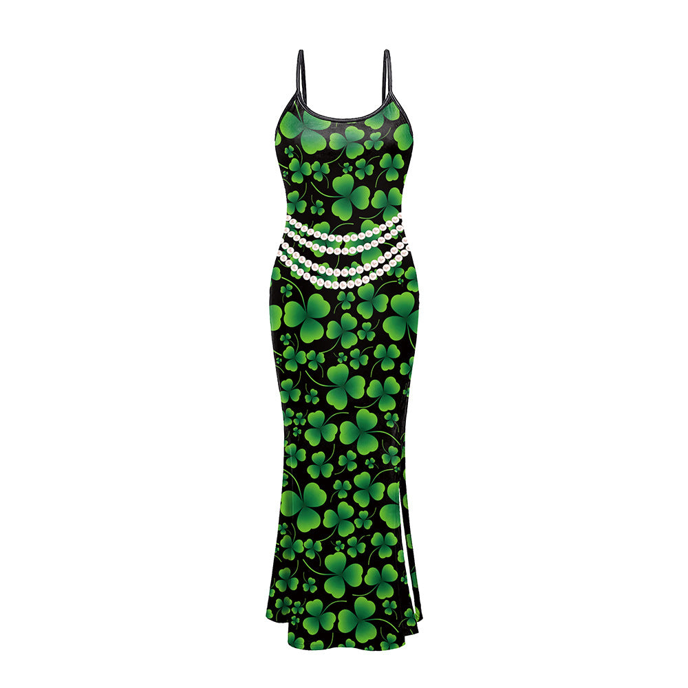 New Arrival Green Leaves 3D Digital Print Slip Dress For Women