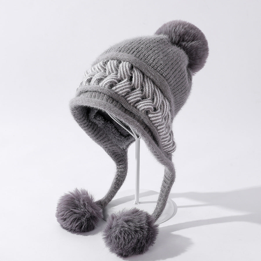 Color-blocking Twist Three-hair Ball Ear Protection Wool Hat