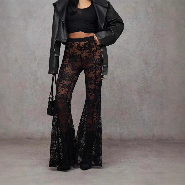 Mens And Womens High-waisted Solid-color Lace Flared Pants