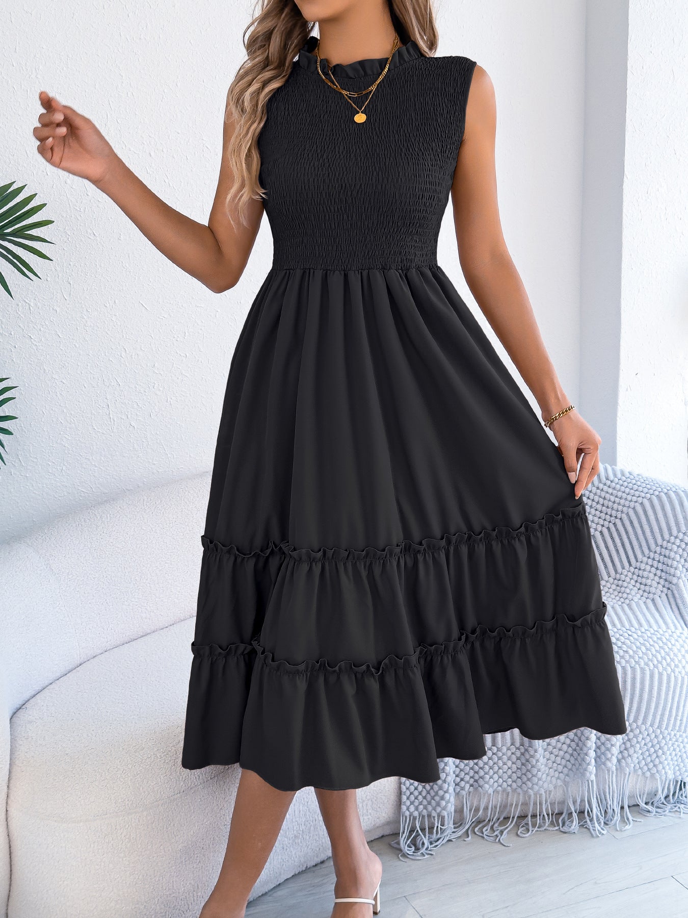 Casual Sleeveless Ruched Waistline Flounce Maxi Dress