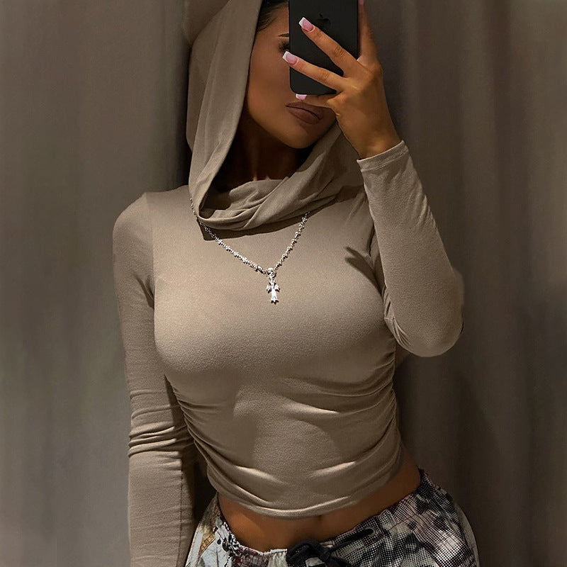 Solid Color Swing Collar Off-shoulder Hooded Top