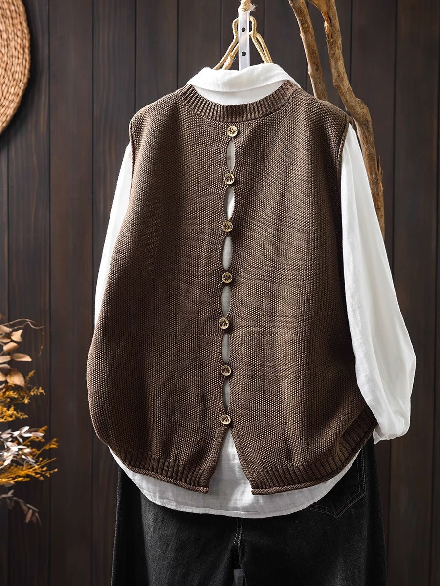 Back Buttoned Cotton Thread Knitted Vest Women